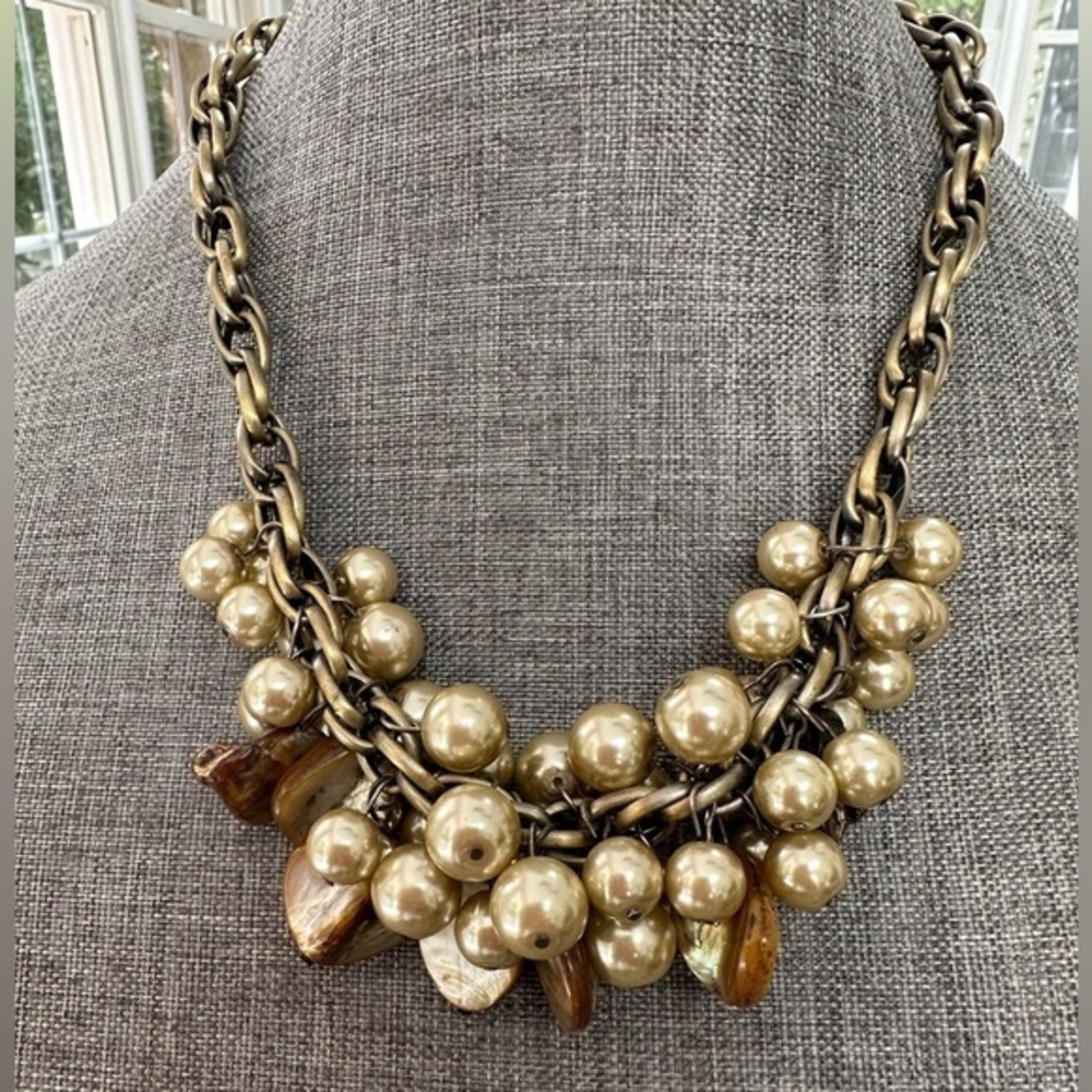 Antique Gold Pearl & Shell Necklace Handmade Jewelry Statement Party Festive